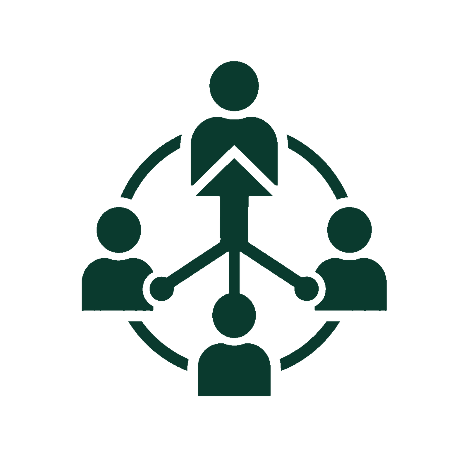 Connected team figures with an upward arrow, representing collaborative leadership and shared direction.