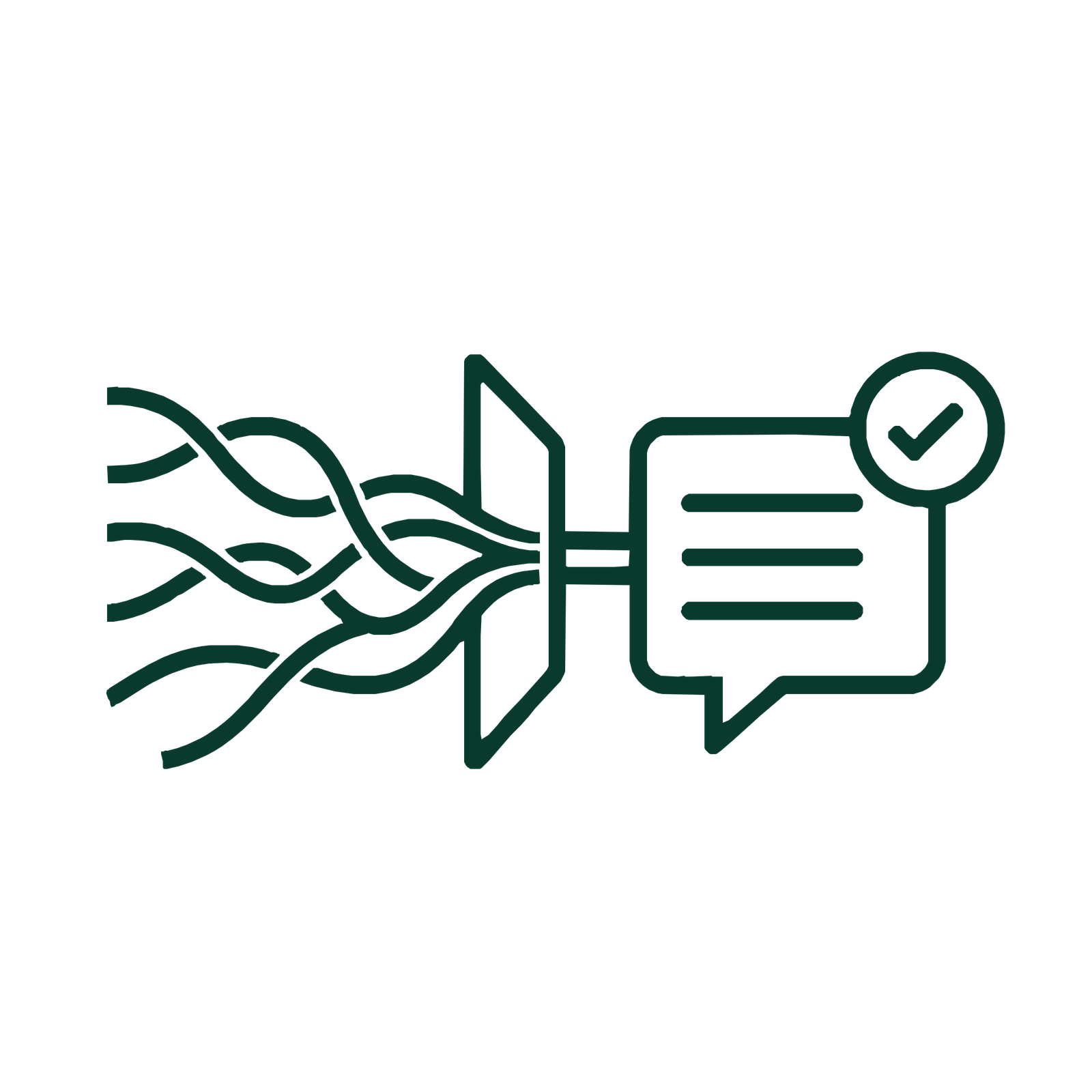 Speech bubble with clear message lines and a checkmark, representing clear and confident communication.