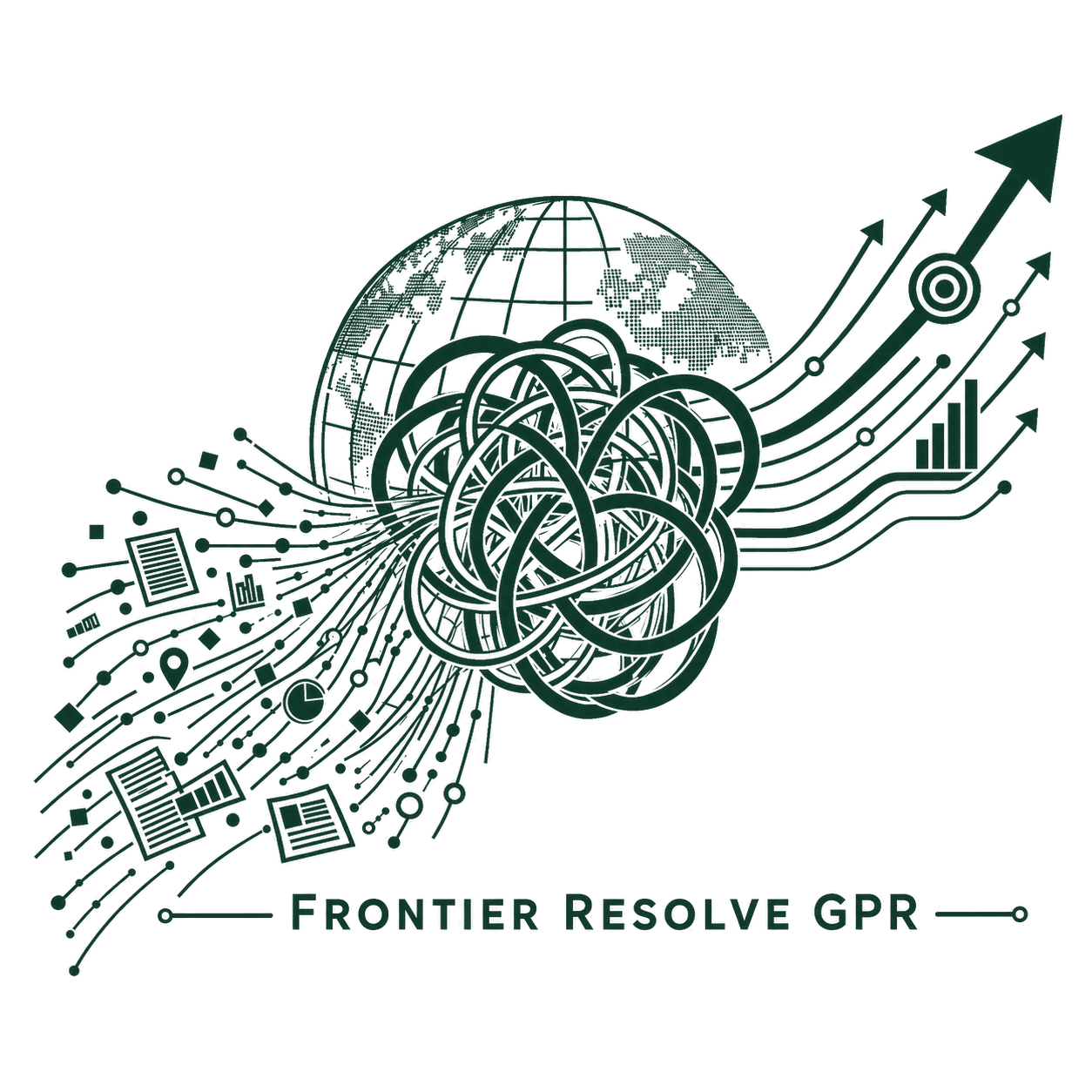 Abstract FrontierResolve GPR icon showing fragmented data, news, charts, and location signals flowing into a central knot of cables over a faint globe, then emerging as upward strategic arrows, a target, and growth indicators.