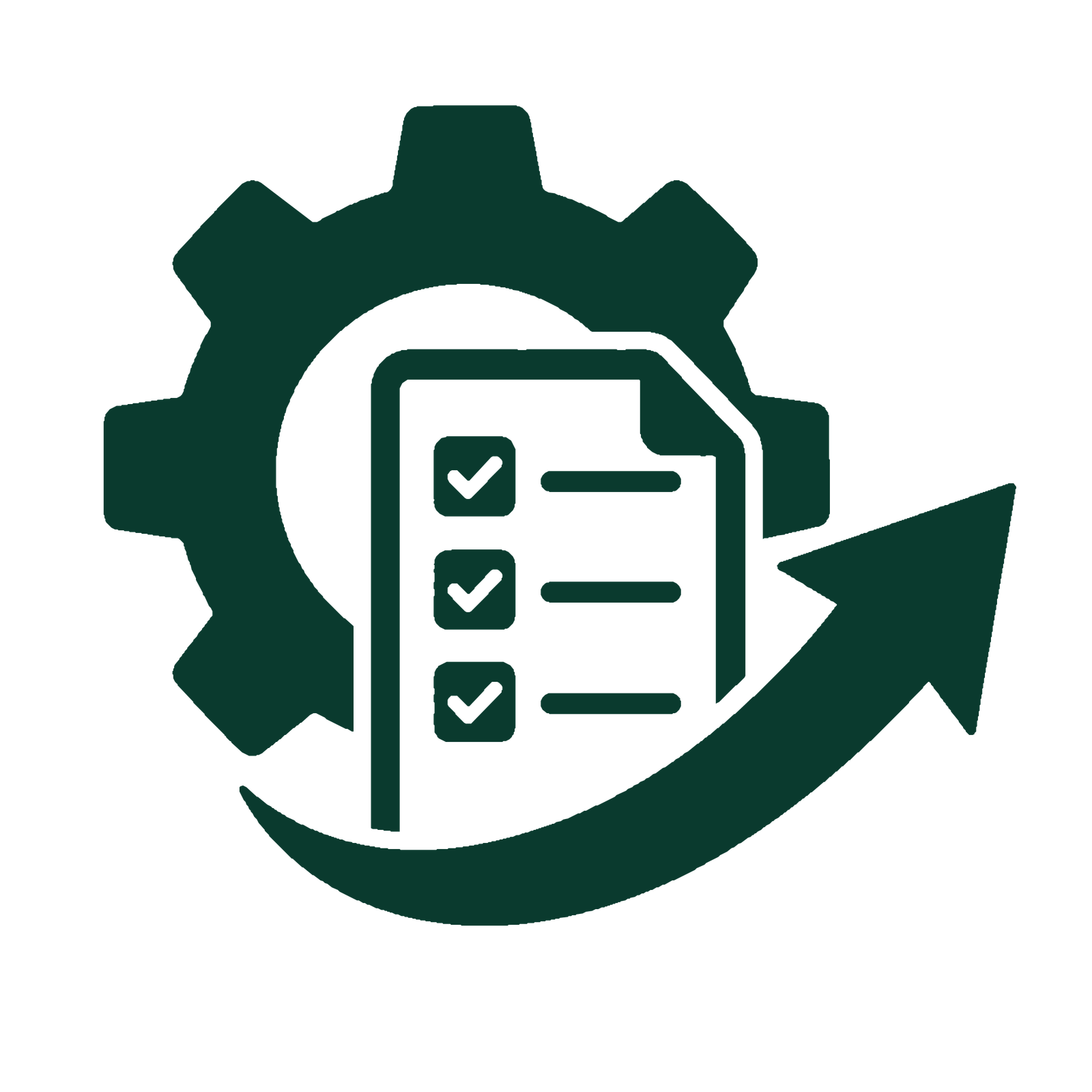 Gear with an upward arrow with checklist, representing execution, momentum, and practical delivery.