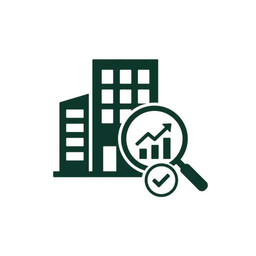 fr-gpr-icon-01-corporate-audit-transparent-512 Icon for Accurate Evaluation of a firm value — buildings with magnifying glass, chart, and checkmark