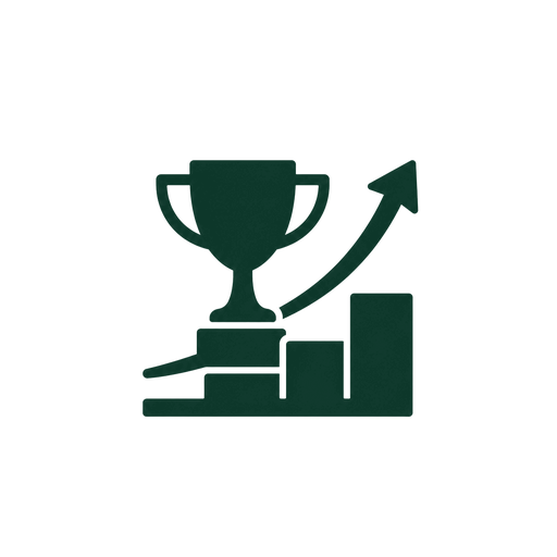 Trophy with rising arrow and performance bars, representing market leadership, outperformance, and strategic advantage over competitors.