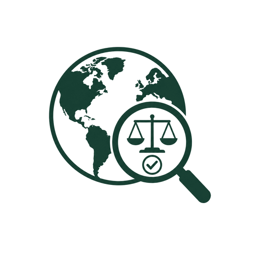 Re-evaluation of Location and Jurisdiction — globe with magnifying glass, scales, and checkmark