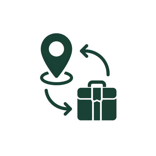 Asset Location or Re-location — location pin, suitcase, and circular arrows