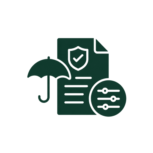 Insurance document with umbrella, shield/checkmark, and adjustment sliders, representing tailored insurance coverage, product adjustment, and risk-specific policy refinement.